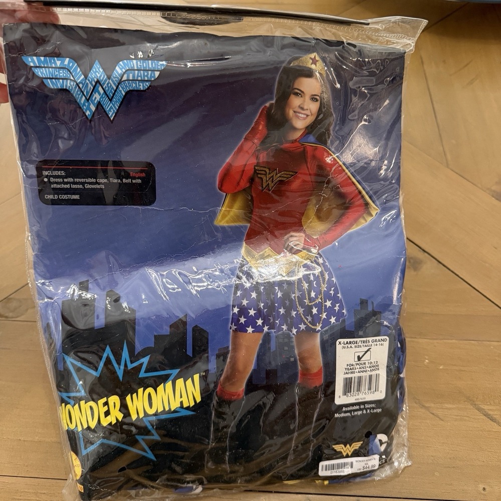 DC Comics Wonder Woman Girls Costume Dress w/ Cape, Red/Blue/Gold, XL 14-16